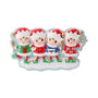 Four festive Christmas elves stand in a row on a snowy base, wearing red, green, blue, and red sweaters, with one sweater reading “HO HO HO.”