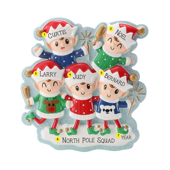 Five-elf Christmas ornament personalized with five names on the hats, a festive phrase on the snowy base, and a year.