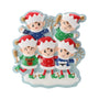 Five Christmas elves pose on a snowy base in two rows, with two elves above and three below, wearing colorful holiday sweaters and holding sparklers and champagne flutes.