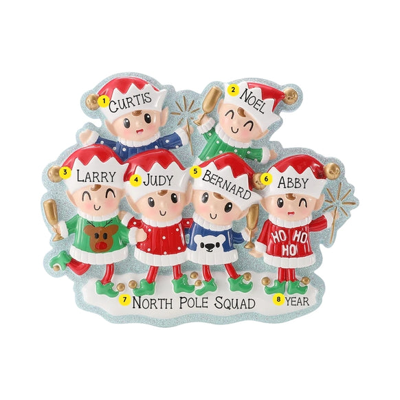 Six-elf Christmas ornament personalized with six names on the hats, a festive phrase on the snowy base, and a year.