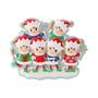 Six playful Christmas elves are arranged in two rows on a snowy base, wearing festive sweaters in red, green, and blue, with one sweater reading “HO HO HO.”