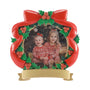 Red bow and holly Christmas picture frame ornament with a photo insert and blank gold banner at the bottom.