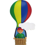 Colorful hot air balloon ornament with a child figure in a basket on a white background.