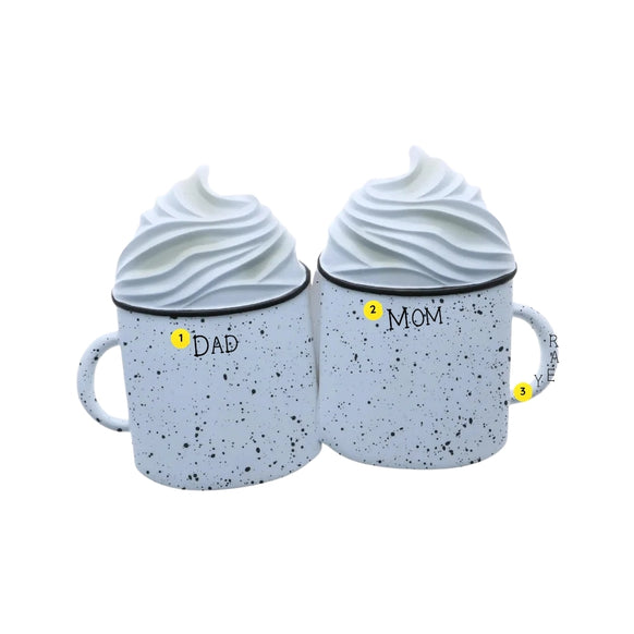Hot cocoa mugs family of 2 ornament personalizing example with two names and year