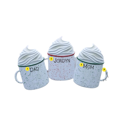 Hot cocoa mugs family of 3 ornament personalizing example with three names and year