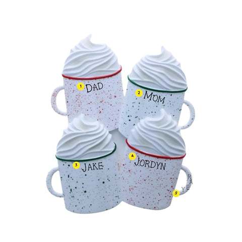 Hot cocoa mugs family of 4 ornament personalizing example with four names and year