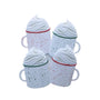 Personalized hot cocoa mugs family of 4 ornament with four speckled mugs and whipped cream tops