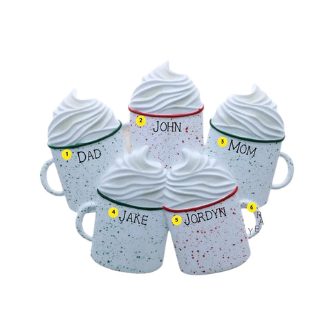 Hot cocoa mugs family of 5 ornament personalizing example with five names and year