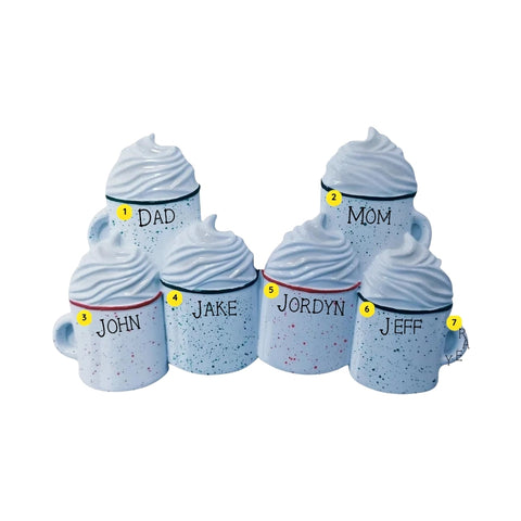 Hot cocoa mugs family of 6 ornament personalizing example with six names and year