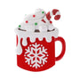 Personalized hot cocoa ornament with a red mug, whipped cream, marshmallows, candy cane, and glittery snowflake design.