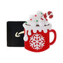 Personalized hot cocoa money holder ornament with a red mug, whipped cream, marshmallows, candy cane, and gift card slot.