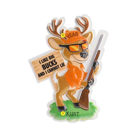 Personalized deer hunter ornament with a name on the grass and the year written on the orange hat.
