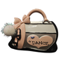 Personalized I Love Dance handbag Christmas ornament in blush pink, silver and black with ballet shoes, bow and fluffy pom-pom accent.