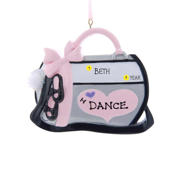 Personalization example: Dance bag ornament personalized with the name Beth and a year on the white panel above the heart.