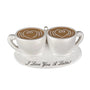 I Love You A Latte couple ornament featuring two white coffee cups with heart latte art on a matching saucer with the phrase “I Love You A Latte!” on front.