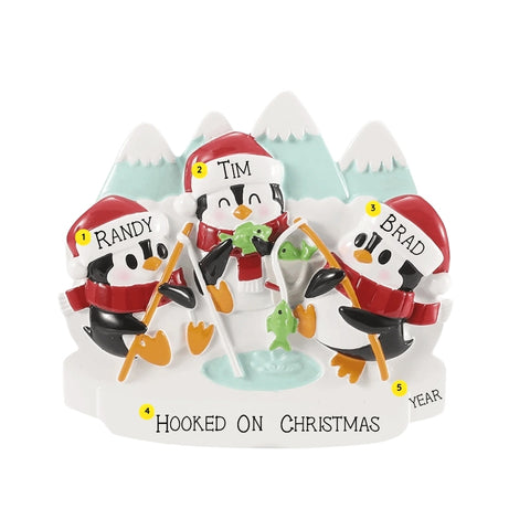 Personalized ice fishing penguin family ornament for three with example names on the hats, a short family phrase across the snow, and a year.