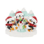 Ice fishing penguin family ornament for three with penguins in Santa hats fishing around an ice hole with snowy mountains in the background.