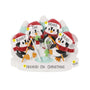 Personalized ice fishing penguin family ornament for four with example names on the hats, a short family phrase across the snow, and a year.