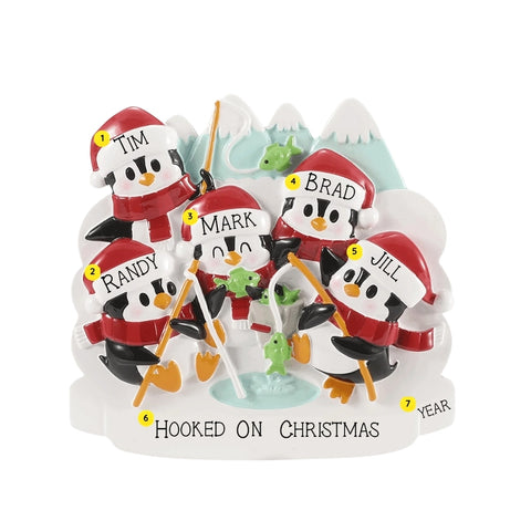 Personalized ice fishing penguin family ornament for five with example names on the hats, a short family phrase across the snow, and a year.