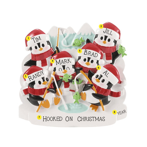 Personalized ice fishing penguin family ornament for six with example names on the hats, a short family phrase across the snow, and a year.