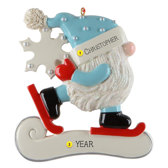 Personalized Christmas ornament of a gnome on skates with customizable name and year.