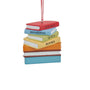 Stack of colorful books ornament with text hanging on a white background