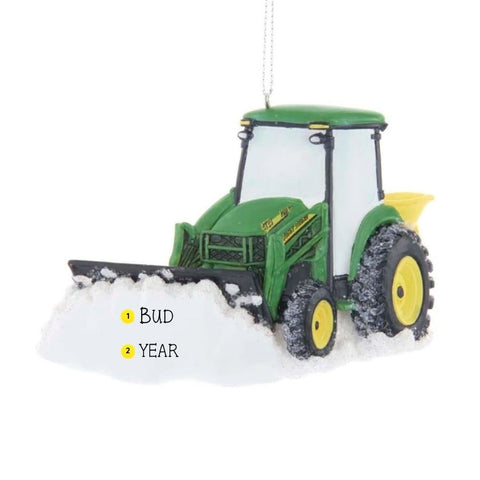 Personalized John Deere Snow Plow Tractor ornament with a name and year added to the snow on the front plow.
