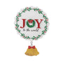 Personalized Joy to the World wreath ornament with greenery, red berries, and dangling gold bells.