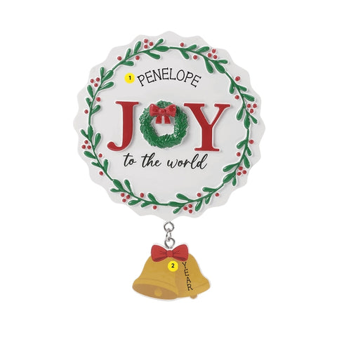 Joy to the World wreath ornament shown with personalization spots for a name above the design and year on the bell.