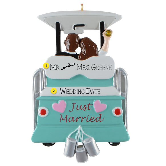 Decorative ornament of a golf cart with 'Just Married' text and hearts, on a white background. Can be personalized