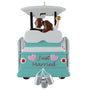 Decorative ornament of a golf cart with 'Just Married' text and hearts, on a white background.