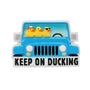 Blue Jeep ornament with three rubber ducks in the windshield and “Keep on Ducking” printed across the bottom.