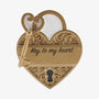 Gold key to my heart lock ornament with heart-shaped padlock, matching key, scrollwork details, and printed “key to my heart” message.