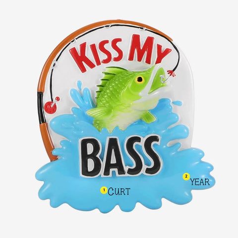 Personalized Kiss My Bass ornament with a name on the water and space for a year on the side.