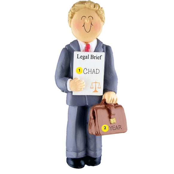 Ornament of a lawyer holding a 'Legal Brief' personalized with name and year and a briefcase on a white background