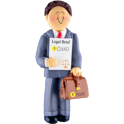 Ornament of a man in a suit holding a briefcase and legal brief on a white background personalized with name and year. 