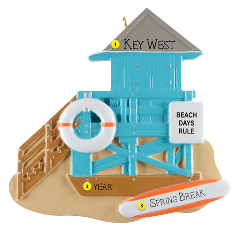Decorative ornament of a beach lifeguard tower, featuring a life buoy and surfboard. Personalized