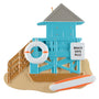 Decorative ornament of a lifeguard tower with a surfboard and 'Beach Days Rule' sign on a white background