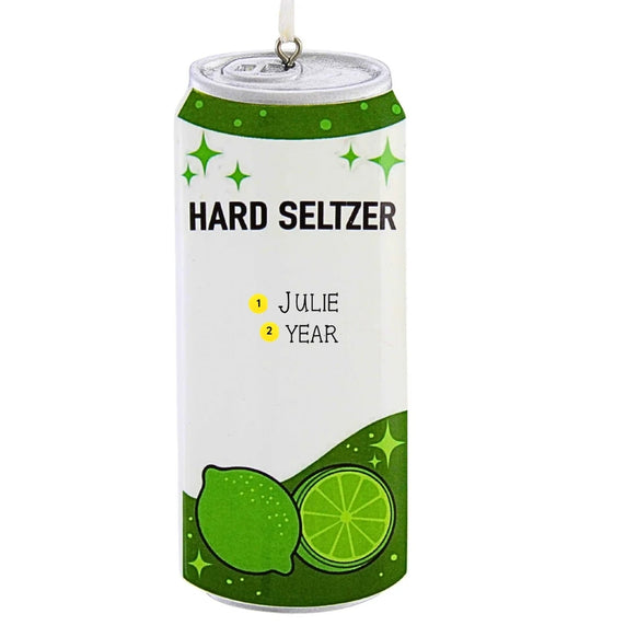 Personalized lime hard seltzer can ornament with a name and year on the front.