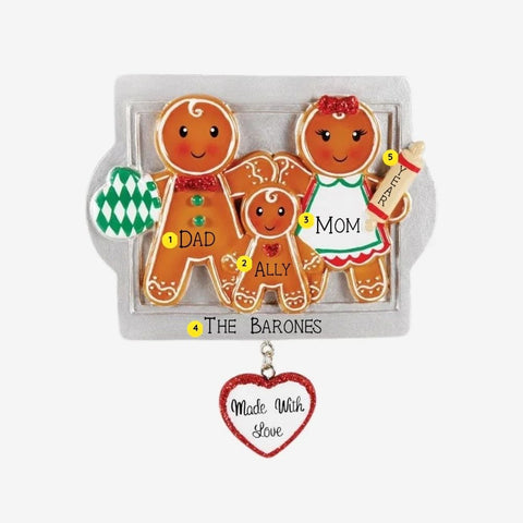 Personalized Made With Love family of 3 ornament with gingerbread cookie parents and child, names, year, family name, baking tray, oven mitt, rolling pin, and heart charm.
