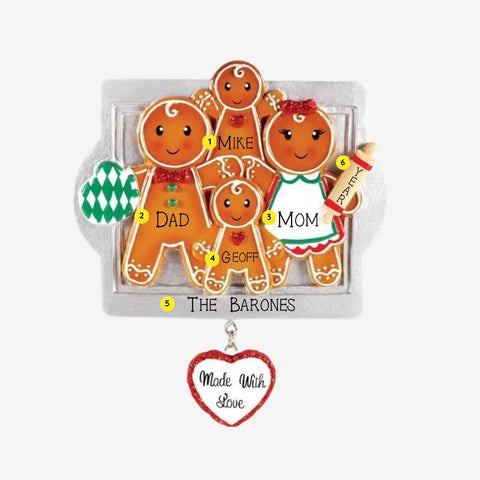 Personalized Made With Love family of 4 ornament with gingerbread cookie parents and two children, names, year, family name, baking tray, oven mitt, rolling pin, and heart charm.