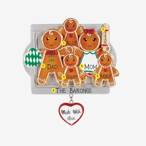 Personalized Made With Love family of 5 ornament with gingerbread cookie parents and three children, names, year, family name, baking tray, oven mitt, rolling pin, and heart charm.