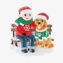 Personalized man and his dog ornament with a man and golden dog sitting together on a snowy bench.