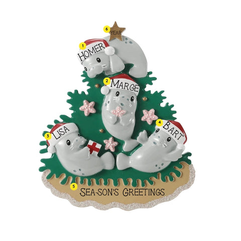 Personalized manatee family ornament for four with example names on Santa hats, a short holiday phrase across the sand, and a year.