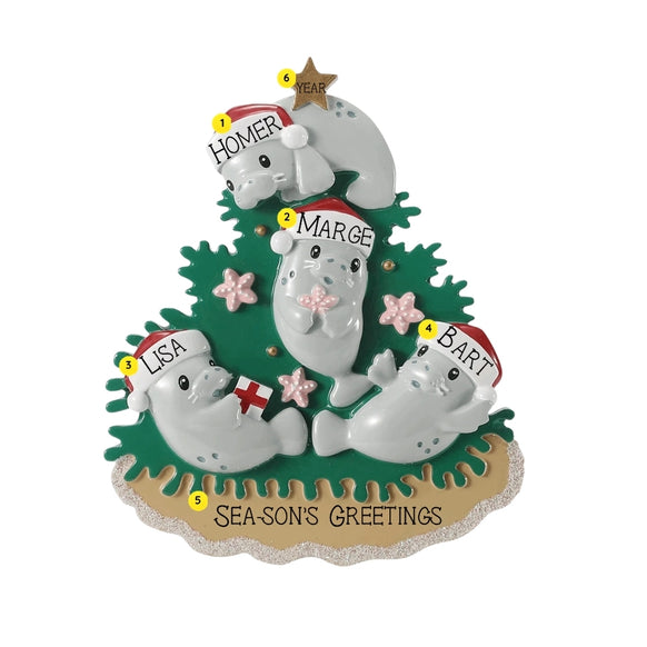 Personalized manatee family ornament for four with example names on Santa hats, a short holiday phrase across the sand, and a year.