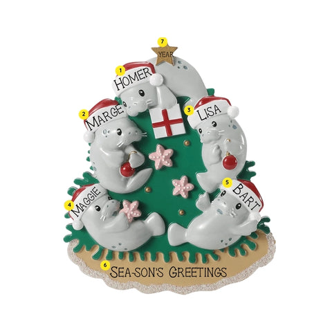 Personalized manatee family ornament for five with example names on Santa hats, a short holiday phrase across the sand, and a year.