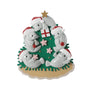 Manatee family ornament for five with manatees in Santa hats gathered around a coastal Christmas tree with starfish accents.