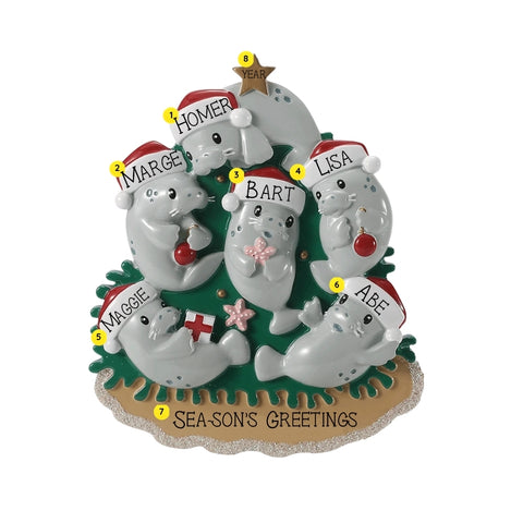 Personalized manatee family ornament for six with example names on Santa hats, a short holiday phrase across the sand, and a year.