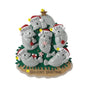 Personalized manatee family ornament for six with example names on Santa hats, a short holiday phrase across the sand, and a year.