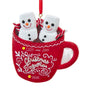 Personalized marshmallow snowman couple mug ornament showing two names on the red mug and year placement near the bottom.